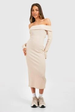 Robe Longue Côtelée à épaules Dénudées 8 Robe Longue Côtelée à épaules Dénudées -BOOHO Kleidung Magasin gzz50271 stone xl 2