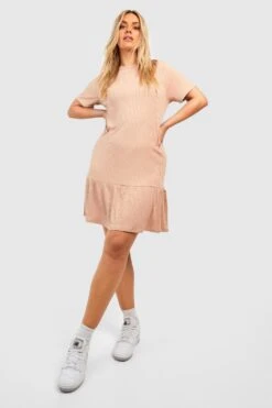 Grande Taille - Robe Côtelée à Volants Et Manches Courtes -BOOHO Kleidung Magasin gzz50285 stone xl 2