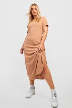 Grande Taille - Robe Mi-longue Côtelée Fendue -BOOHO Kleidung Magasin gzz50919 camel xl 2
