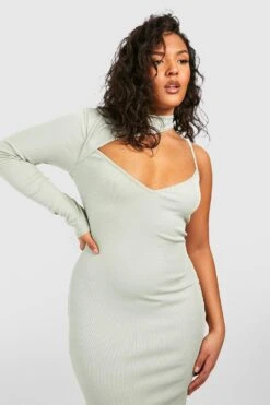 Grande Taille - Robe Mi-longue Côtelée Asymétrique -BOOHO Kleidung Magasin gzz50952 sage xl 2