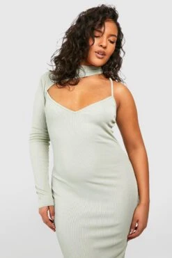 Grande Taille - Robe Mi-longue Côtelée Asymétrique -BOOHO Kleidung Magasin gzz50952 sage xl 3