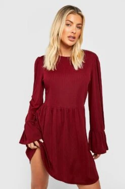 Robe Babydoll Côtelée à Manches Larges