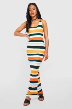 Robe Longue Côtelée Rayée à Col Rond -BOOHO Kleidung Magasin gzz51432 mocha xl 2