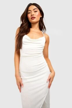 Robe Mi-longue Soyeuse à Col Bénitier Et Franges -BOOHO Kleidung Magasin gzz52182 cream xl 2