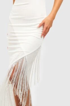 Robe Mi-longue Soyeuse à Col Bénitier Et Franges -BOOHO Kleidung Magasin gzz52182 cream xl 3