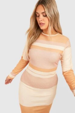 Grande Taille - Robe Longue Rayée à Manches Longues -BOOHO Kleidung Magasin gzz52265 tan xl 2