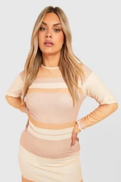 Grande Taille - Robe Longue Rayée à Manches Longues -BOOHO Kleidung Magasin gzz52265 tan xl 3