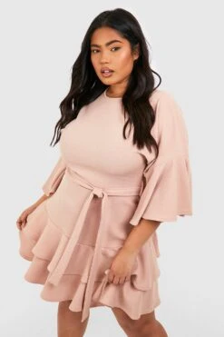 Grande Taille - Robe Patineuse Ceinturée à Volants