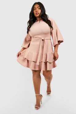 Grande Taille - Robe Patineuse Ceinturée à Volants -BOOHO Kleidung Magasin gzz52415 stone xl 2