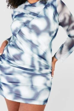 Grande Taille - Robe Froncée Moulante à Imprimé Marbre -BOOHO Kleidung Magasin gzz52658 blue xl 3