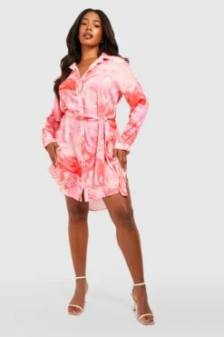 Grande Taille - Robe Chemise à Ceinture Et Imprimé Marbre -BOOHO Kleidung Magasin gzz53159 pink xl 2