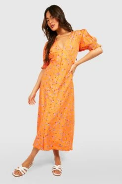 Robe Mi-longue Boutonnée Fleurie -BOOHO Kleidung Magasin gzz53202 orange xl 2