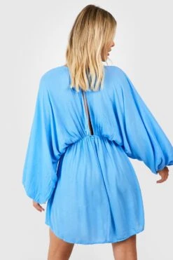 Robe En Coton à Volants Et Manches Chauve-souris -BOOHO Kleidung Magasin gzz53324 blue xl 1