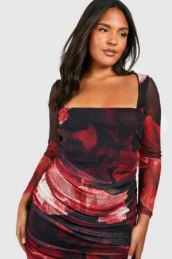 Grande Taille - Robe Moulante Fleurie En Mesh -BOOHO Kleidung Magasin gzz53608 red xl 3