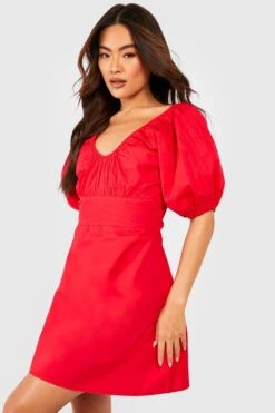 Robe Courte En Coton à Manches Bouffantes -BOOHO Kleidung Magasin gzz53652 red xl 2