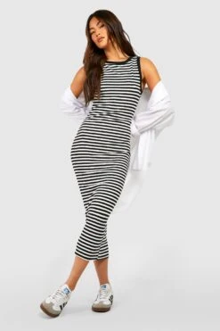 Robe Mi-longue Côtelée à Rayures