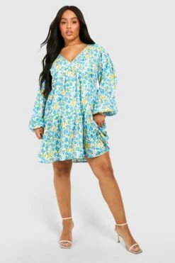 Grande Taille - Robe Fleurie à Volants étagés -BOOHO Kleidung Magasin gzz54176 blue xl 2
