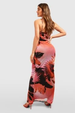 Robe Longue En Mesh à Volants Et Imprimé Abstrait -BOOHO Kleidung Magasin gzz54400 pink xl 1