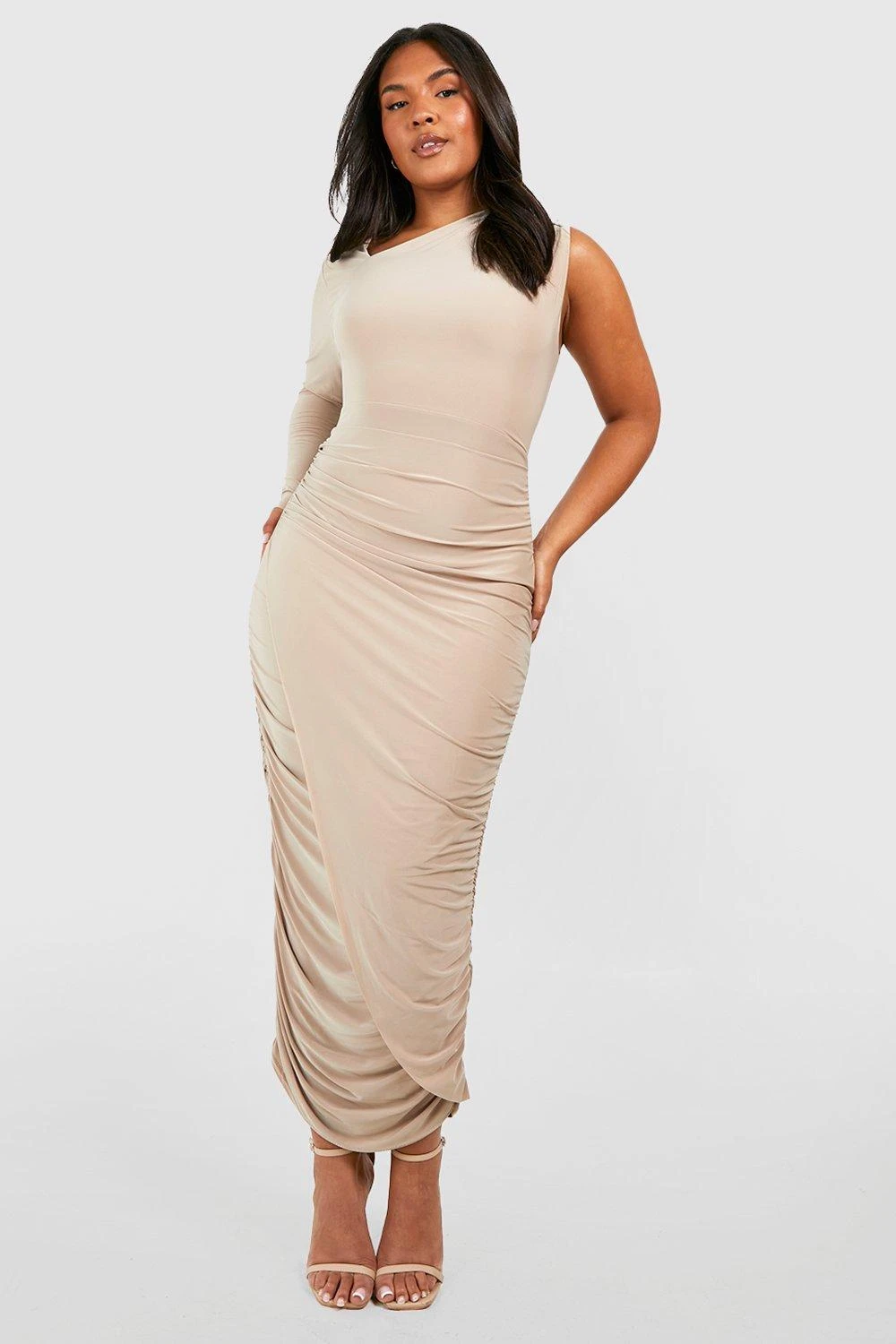 Grande Taille - Robe Mi-longue Froncée Asymétrique 3 Grande Taille - Robe Mi-longue Froncée Asymétrique
