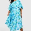 Grande Taille - Robe Mi-longue Plissée à Manches Bouffantes Et Imprimé Fleuri -BOOHO Kleidung Magasin gzz55112 blue xl