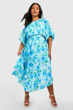 Grande Taille - Robe Mi-longue Plissée à Manches Bouffantes Et Imprimé Fleuri