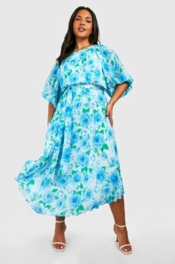 Grande Taille - Robe Mi-longue Plissée à Manches Bouffantes Et Imprimé Fleuri -BOOHO Kleidung Magasin gzz55112 blue xl 2