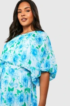 Grande Taille - Robe Mi-longue Plissée à Manches Bouffantes Et Imprimé Fleuri -BOOHO Kleidung Magasin gzz55112 blue xl 3