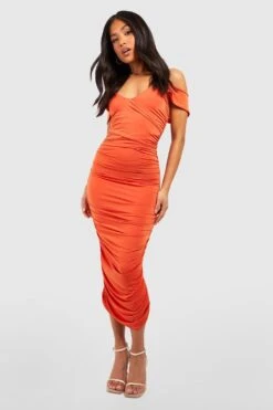 Petite - Robe Soyeuse Froncée à épaules Dénudées -BOOHO Kleidung Magasin gzz55837 orange xl 2