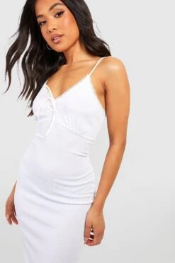 Petite - Robe Longue Côtelée Nouée à Dentelle -BOOHO Kleidung Magasin gzz55938 white xl 3