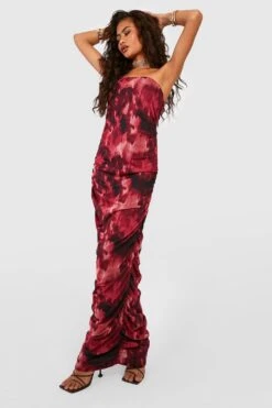 Robe Longue Imprimée Froncée En Mesh -BOOHO Kleidung Magasin gzz56353 maroon xl 2