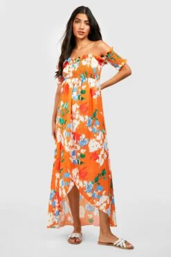 Maternité - Robe De Grossesse Longue Froncée à épaules Dénudées -BOOHO Kleidung Magasin gzz57068 orange xl 2