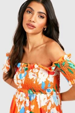 Maternité - Robe De Grossesse Longue Froncée à épaules Dénudées -BOOHO Kleidung Magasin gzz57068 orange xl 3