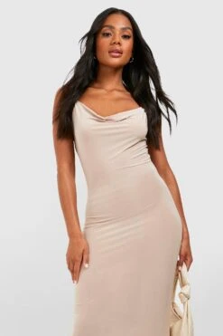 BOOHOO Robe Longue Soyeuse à Col Bénitier -BOOHO Kleidung Magasin gzz57203 stone xl 3