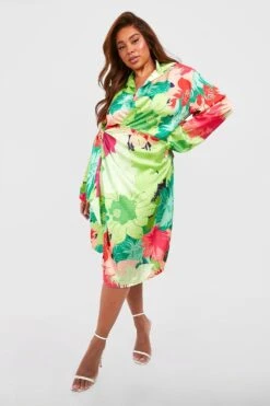 Grande Taille - Robe Portefeuille Satinée Fleurie