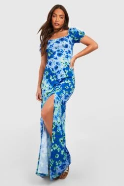 Tall - Robe Longue Fleurie à Manches Bouffantes -BOOHO Kleidung Magasin gzz58138 blue xl 2