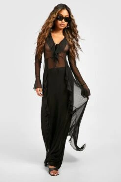 Robe Longue Nouée En Mesh à Volants -BOOHO Kleidung Magasin gzz58187 black xl 2