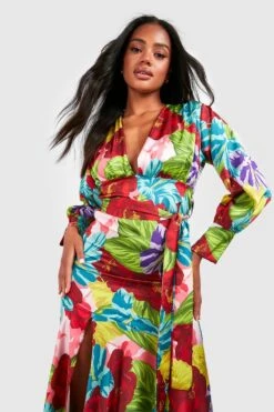 Robe Longue Fendue Satinée Imprimée -BOOHO Kleidung Magasin gzz58330 multi xl 3