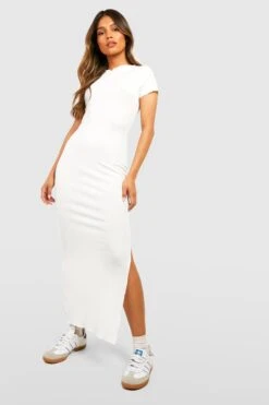 Robe Côtelée Fendue à Ourlet Volanté -BOOHO Kleidung Magasin gzz58458 ivory xl 2