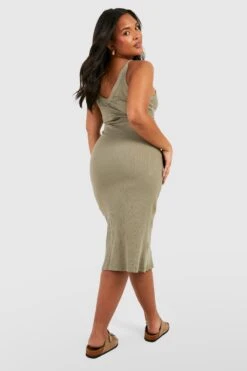 Grande Taille - Robe Mi-longue Côtelée Boutonnée -BOOHO Kleidung Magasin gzz59449 khaki xl 1