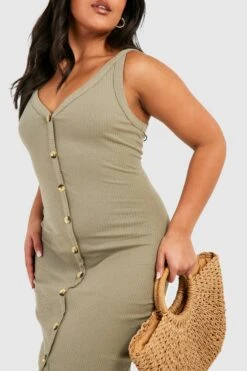 Grande Taille - Robe Mi-longue Côtelée Boutonnée -BOOHO Kleidung Magasin gzz59449 khaki xl 3