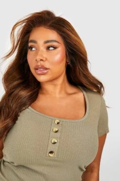 Grande Taille - Robe Courte Boutonnée à Manches Courtes -BOOHO Kleidung Magasin gzz59452 khaki xl 3