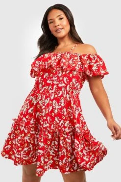 Grande Taille - Robe Patineuse Fleurie à épaules Dénudées