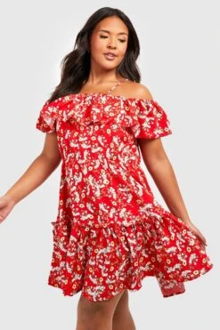 Grande Taille - Robe Patineuse Fleurie à épaules Dénudées -BOOHO Kleidung Magasin pzz01718 red xl 3