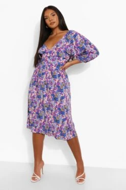 Grande Taille - Robe Mi-longue à Manches Bouffantes Et Imprimé Fleuri -BOOHO Kleidung Magasin pzz05383 blue xl 2