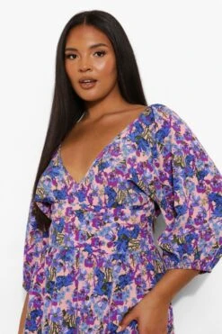 Grande Taille - Robe Mi-longue à Manches Bouffantes Et Imprimé Fleuri -BOOHO Kleidung Magasin pzz05383 blue xl 3