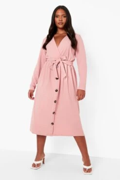 Grande Taille - Robe Mi-longue à Manches Longues Et Ceinture -BOOHO Kleidung Magasin pzz08227 blush xl 3