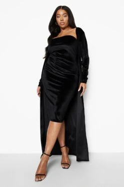 Grande Taille - Ensemble Velours Avec Cardigan Long Et Robe Bustier -BOOHO Kleidung Magasin pzz09634 black xl 2