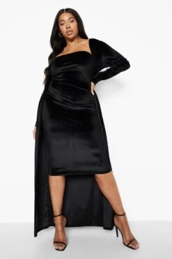 Grande Taille - Ensemble Velours Avec Cardigan Long Et Robe Bustier -BOOHO Kleidung Magasin pzz09634 black xl 3