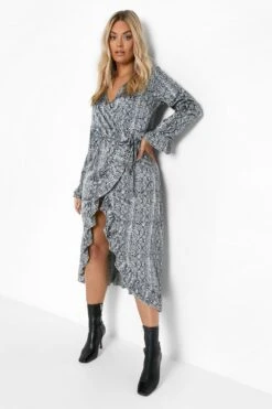 Grande Taille - Robe Cache-cœur Volantée Effet Serpent -BOOHO Kleidung Magasin pzz09655 grey xl 2