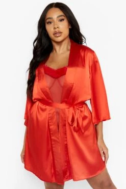 Grande Taille - Robe De Chambre Satinée Style Kimono